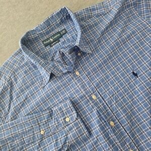 Ralph Lauren Mens 3XB Big Plaid Button Down Shirt Blue White Classic Fit Cotton